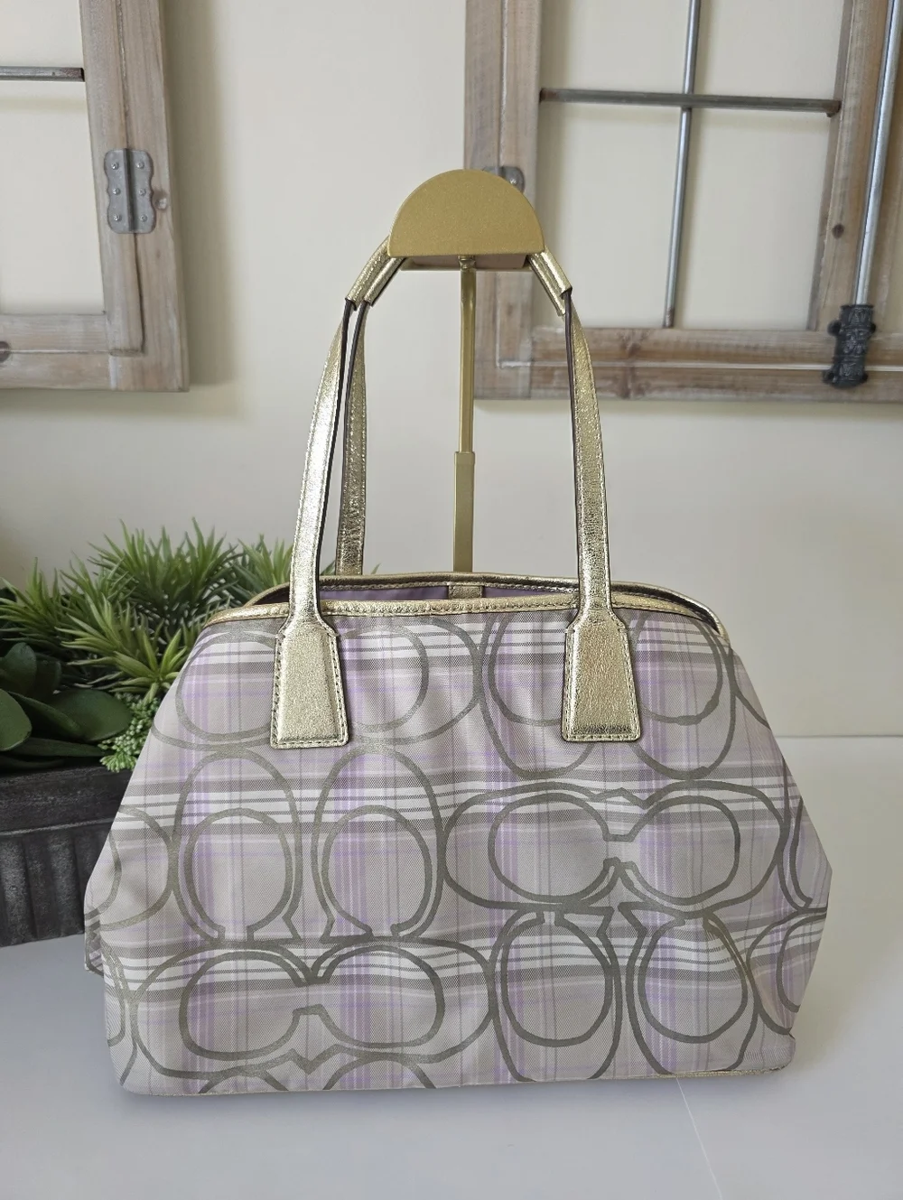 Coach Striped Tartan Plaid Carryall Shoulder Bag